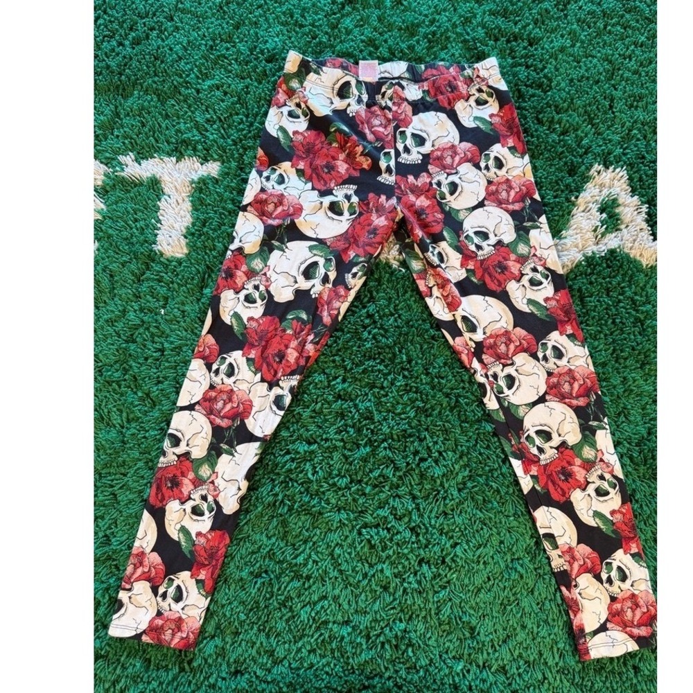 No Boundaries Leggings Juniors‎ M 7-9 Black Skull Rose Print Excellent Goth